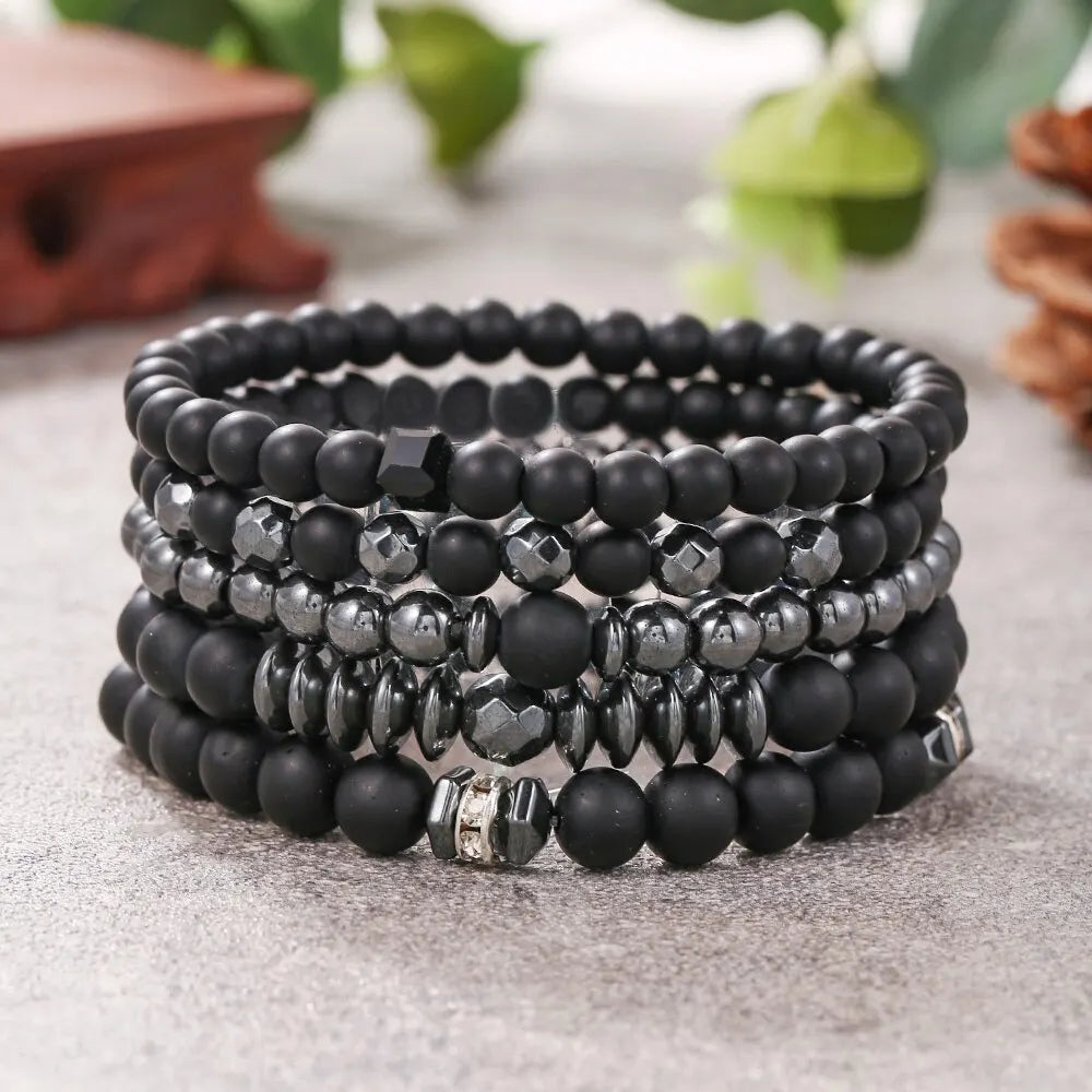 5Pcs/Set Couples Matte Bracelets Fashion Natural Stone Multi-layer Beads Charm Bracelets For Women Men Wrist Accessories