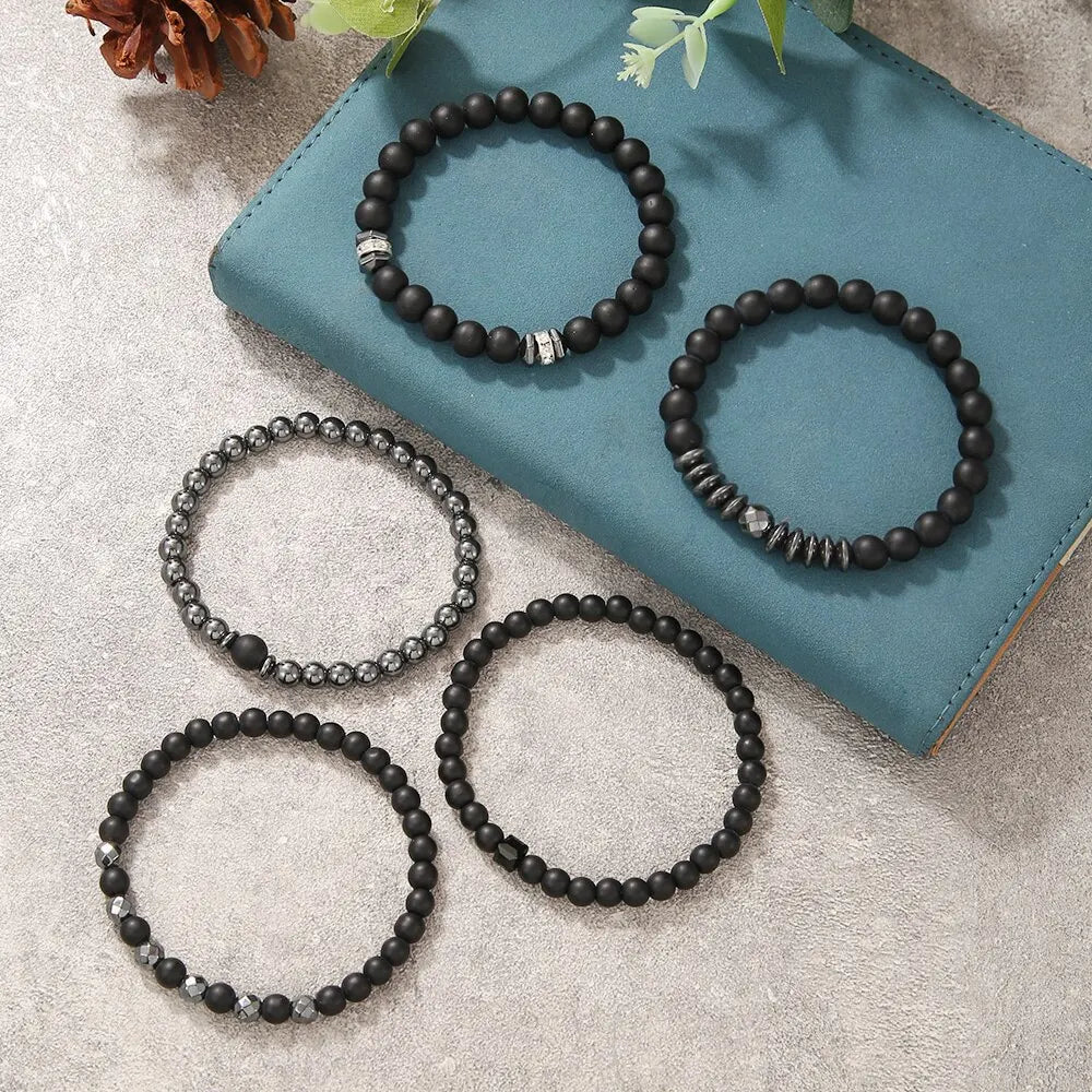 5Pcs/Set Couples Matte Bracelets Fashion Natural Stone Multi-layer Beads Charm Bracelets For Women Men Wrist Accessories